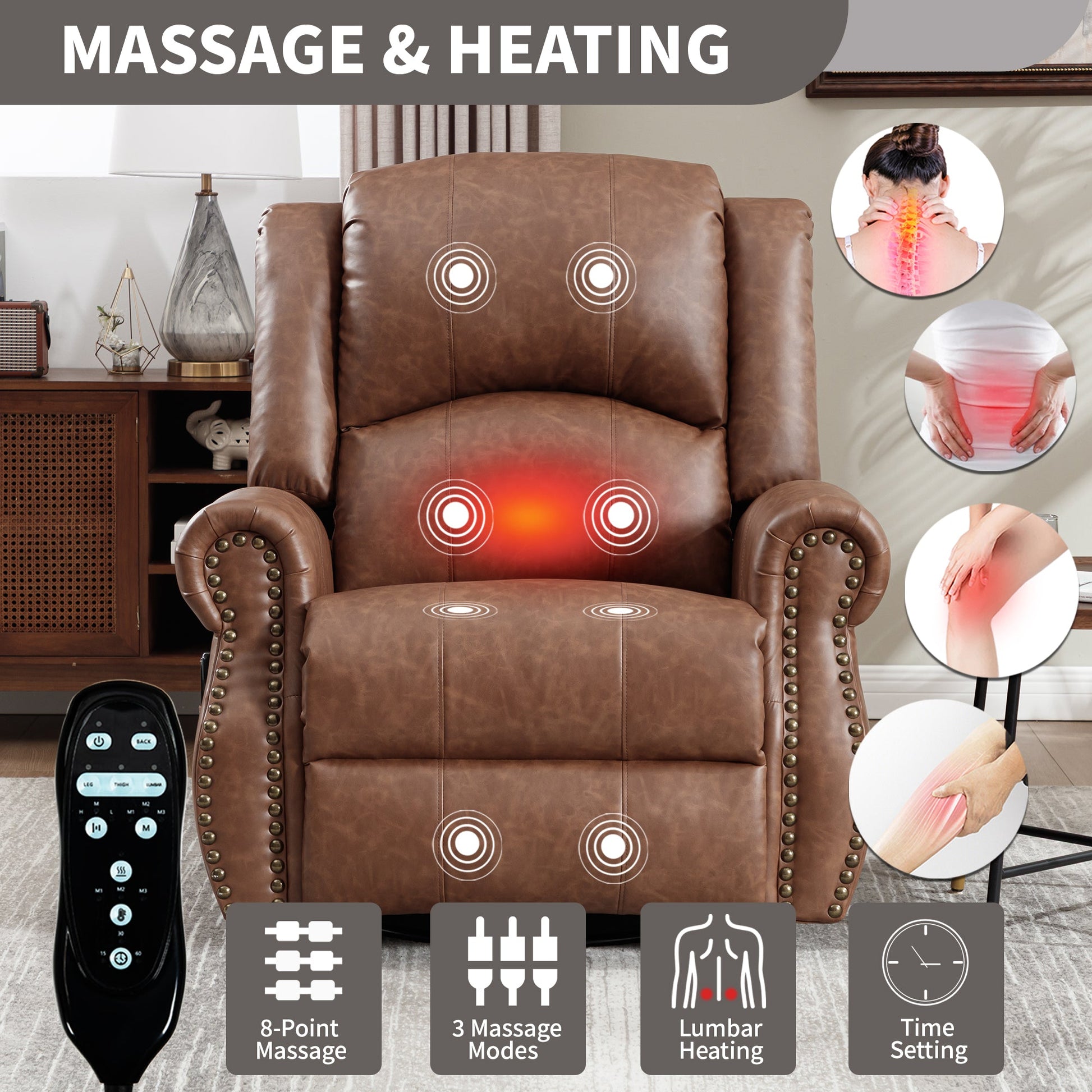 Heat massage manual recliner chair in brown leather with rocker and swivel, remote on Tampa Home & Garden Store