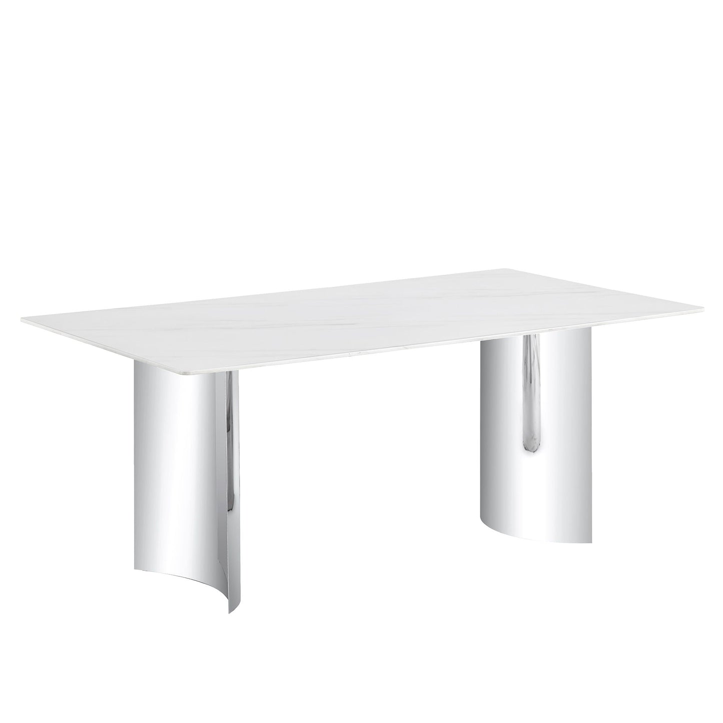 Modern minimalist dining table with white marble-veined top and chrome legs on Tampa Home & Garden Store