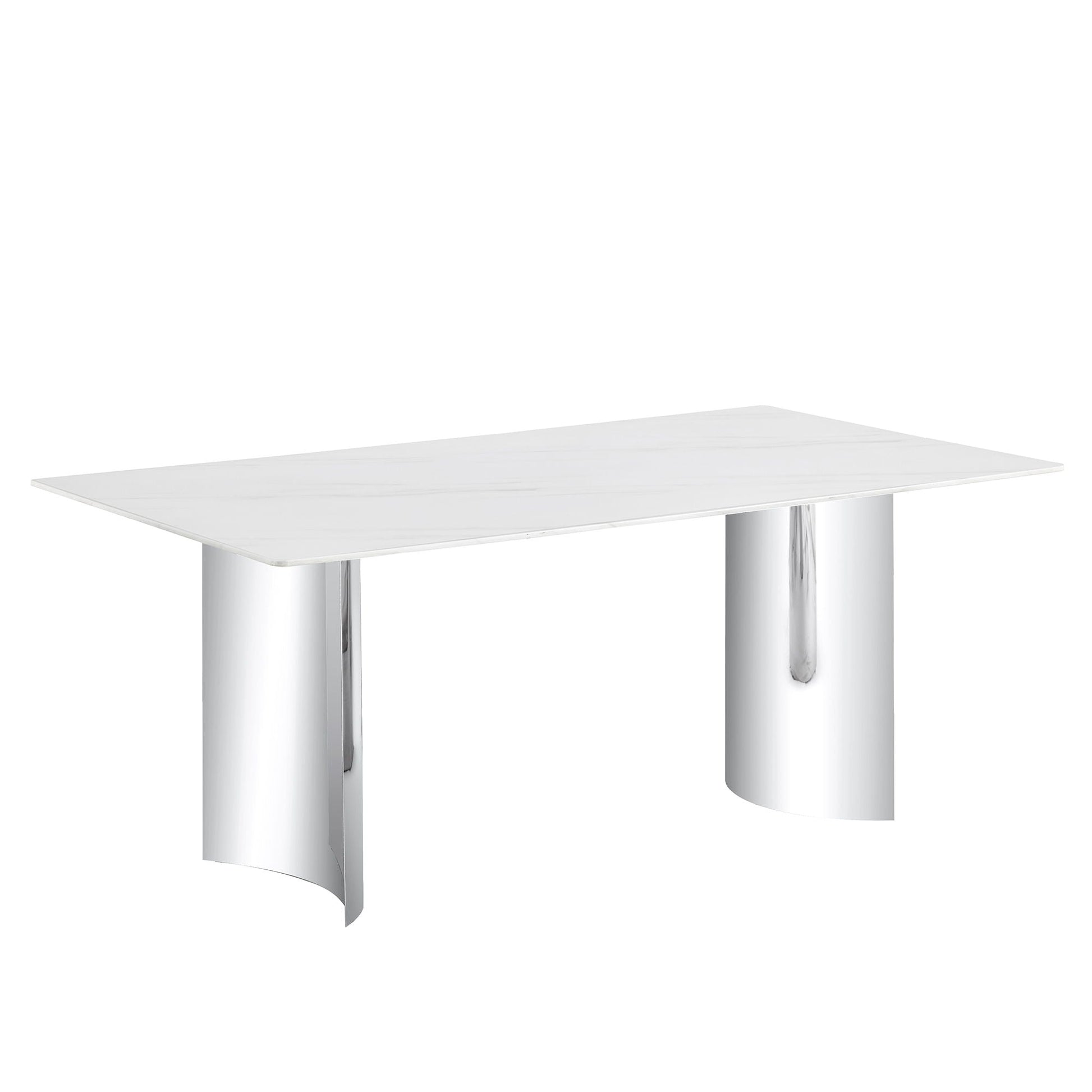 Modern minimalist dining table with white marble-veined top and chrome legs on Tampa Home & Garden Store