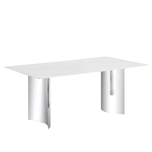Modern minimalist dining table with white marble glass top and chrome legs on Tampa Home & Garden Store