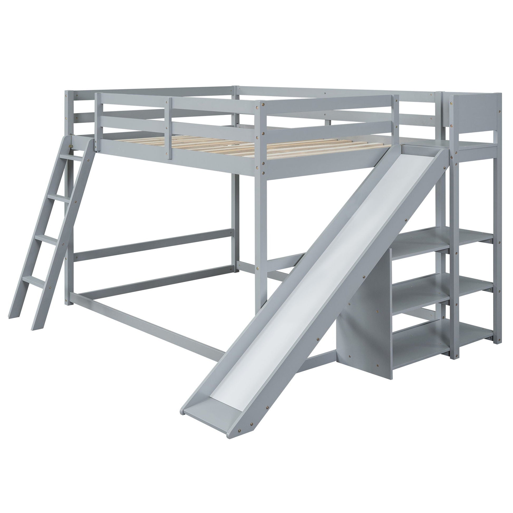 Bunk bed with ladder and slide in gray pine wood finish with built-in shelves on Tampa Home & Garden Store