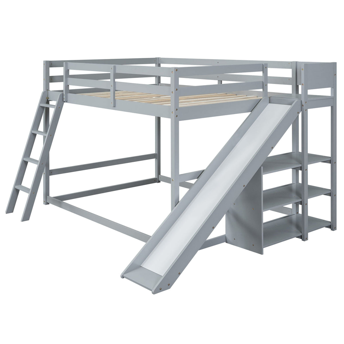 Bunk bed in gray pine wood by HouseOfZazla with ladder, slide, and built-in shelves on Tampa Home & Garden Store