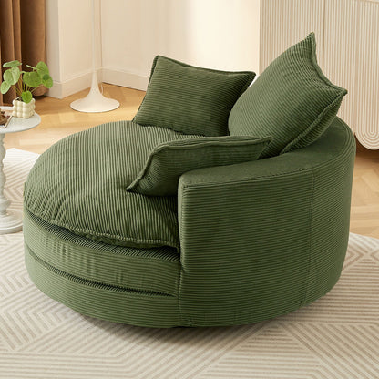Swivel barrel chair with green corduroy upholstery and two cushions on Tampa Home & Garden Store