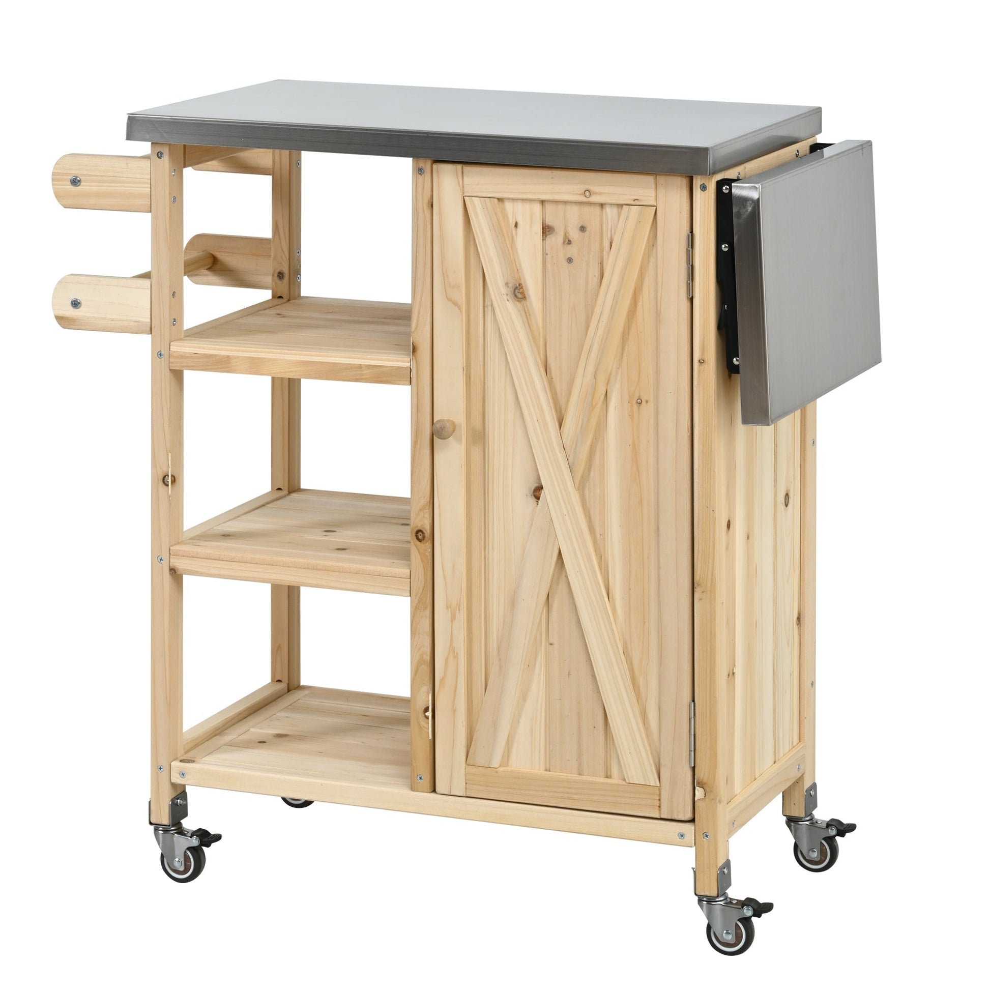 Foldable outdoor kitchen island cart with stainless steel top and natural wood frame on casters on Tampa Home & Garden Store