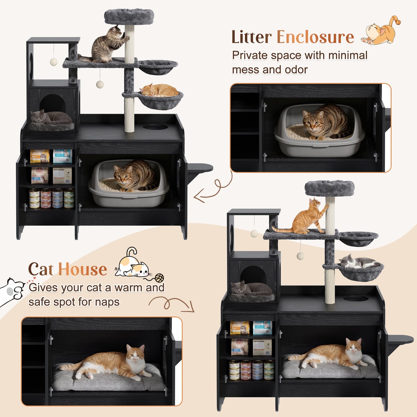 Cat Tree with Litter Box Enclosure and Sisal Scratching Post by HouseOfZazla, black wood on Tampa Home & Garden Store