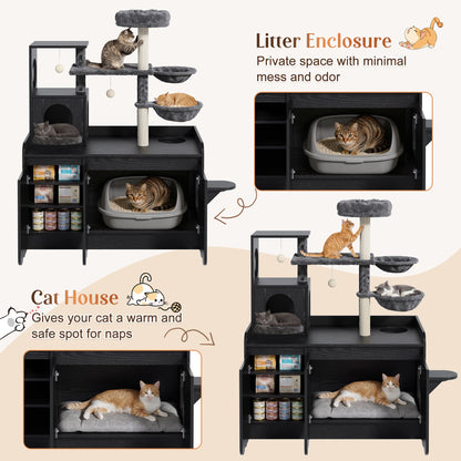 Cat Tree with Litter Box Enclosure and Sisal Scratching Post by HouseOfZazla, black wood on Tampa Home & Garden Store