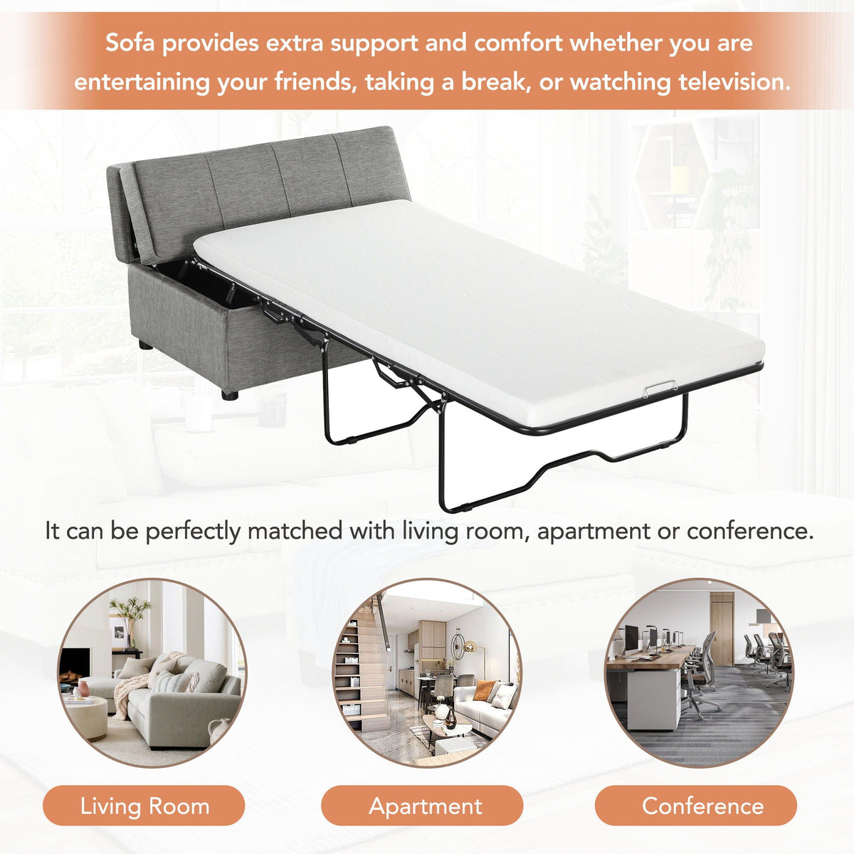 Twin size folding ottoman sleeper bed with mattress in gray fabric, convertible guest bed on Tampa Home & Garden Store