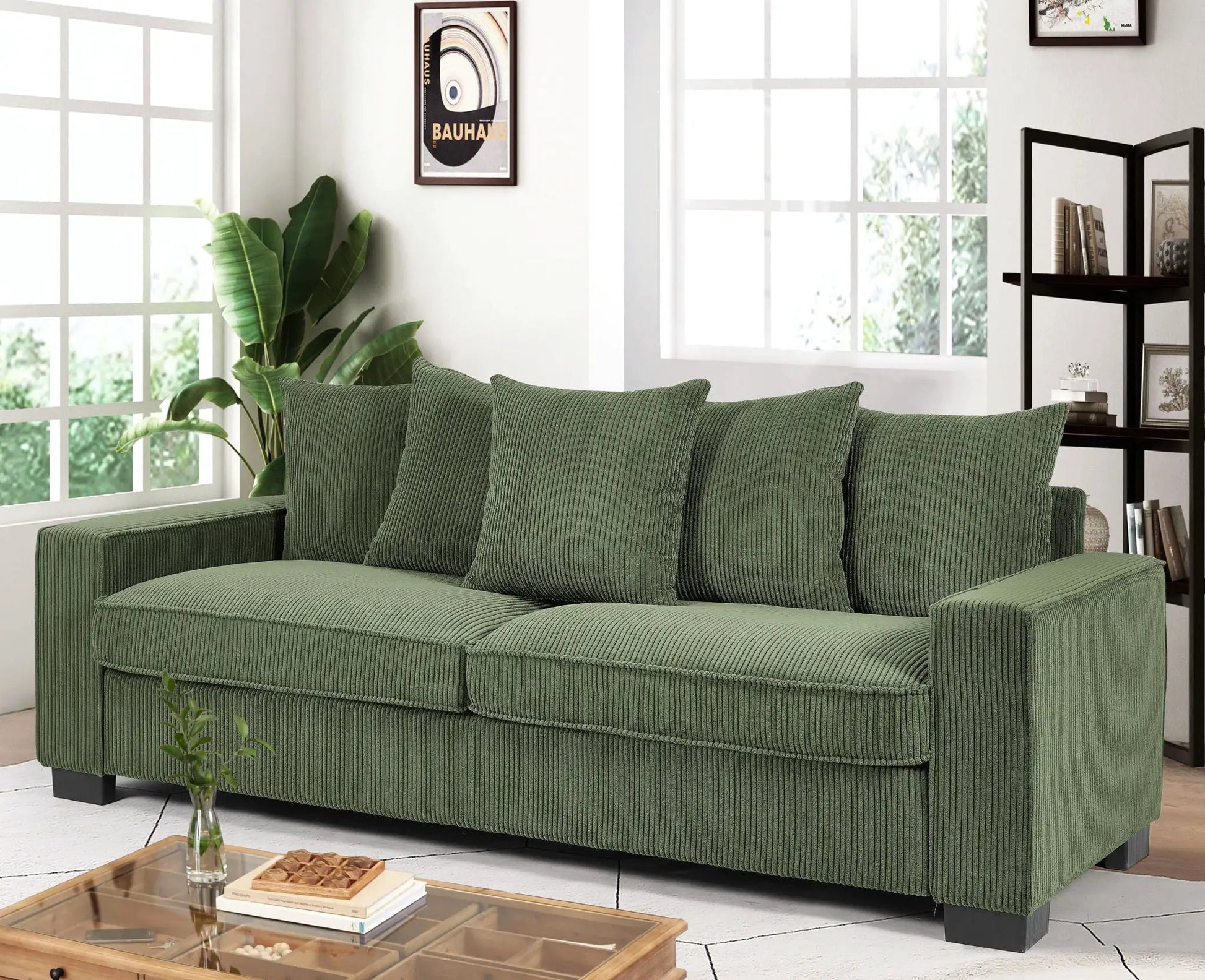 Luxe sofa by Unique Piece Furniture with 5 matching green pillows, spacious 3 seater on Tampa Home & Garden Store