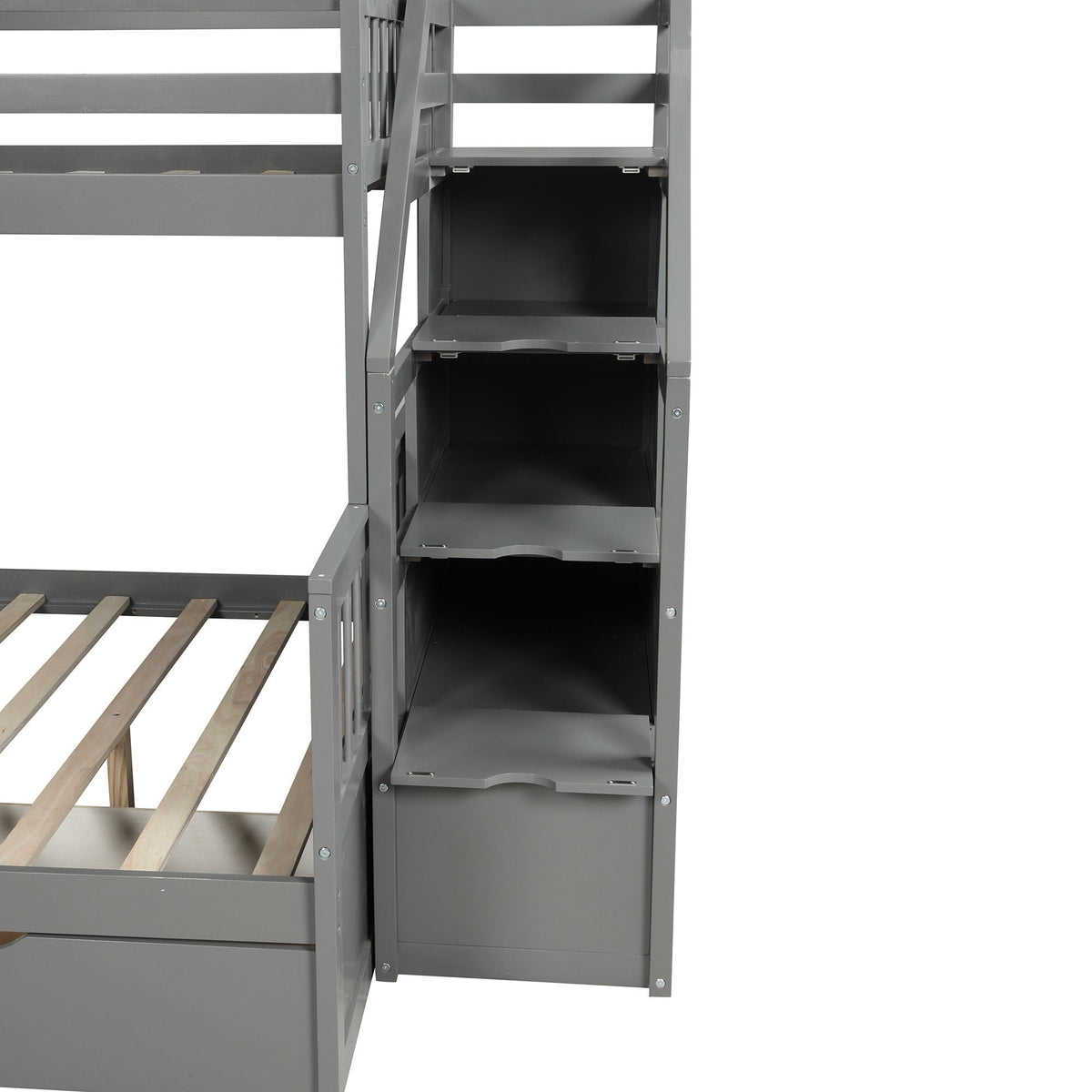 Bunk bed with storage staircase drawers and shelves in gray metal frame HouseOfZazla on Tampa Home & Garden Store