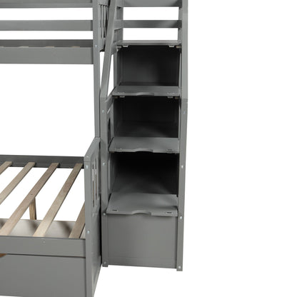 Bunk bed with storage staircase drawers and shelves in gray metal frame HouseOfZazla on Tampa Home & Garden Store