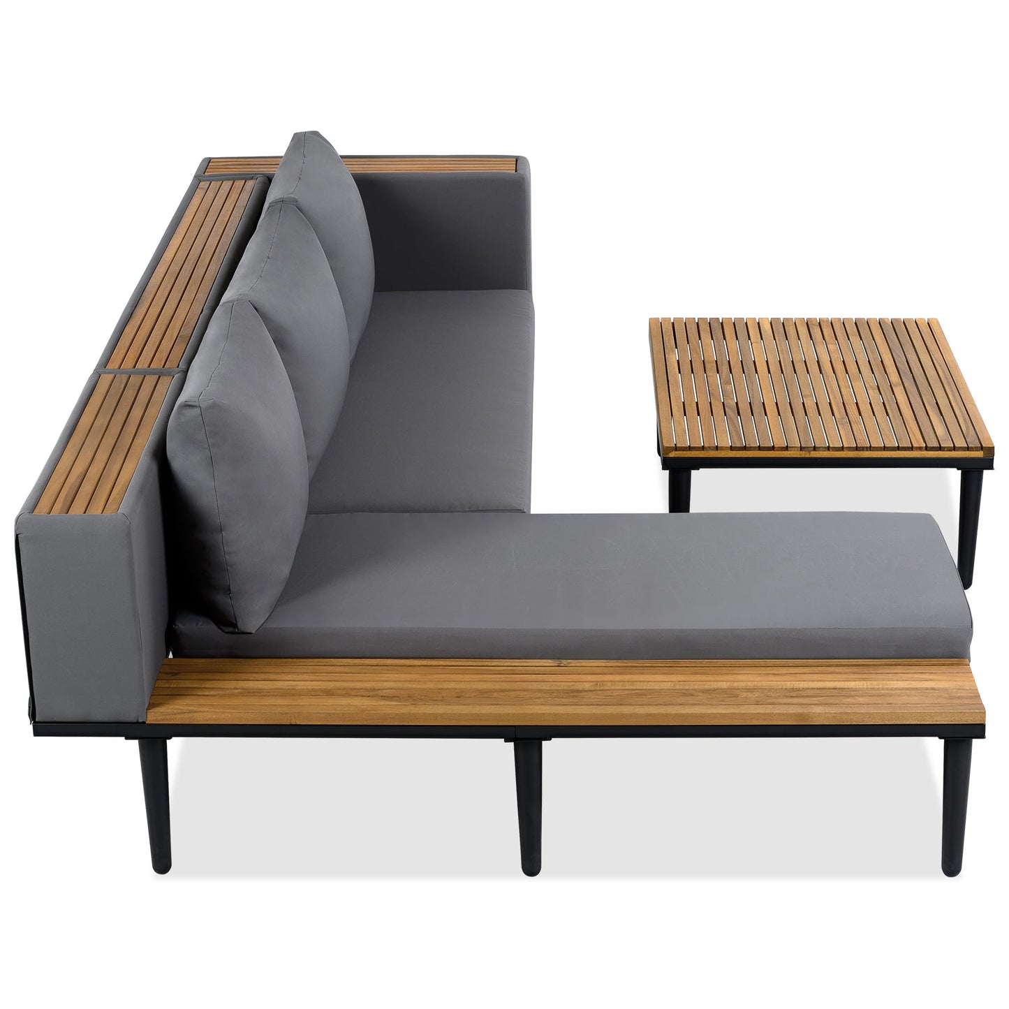 L Shaped Acacia Wood Outdoor Patio Sofa and Table