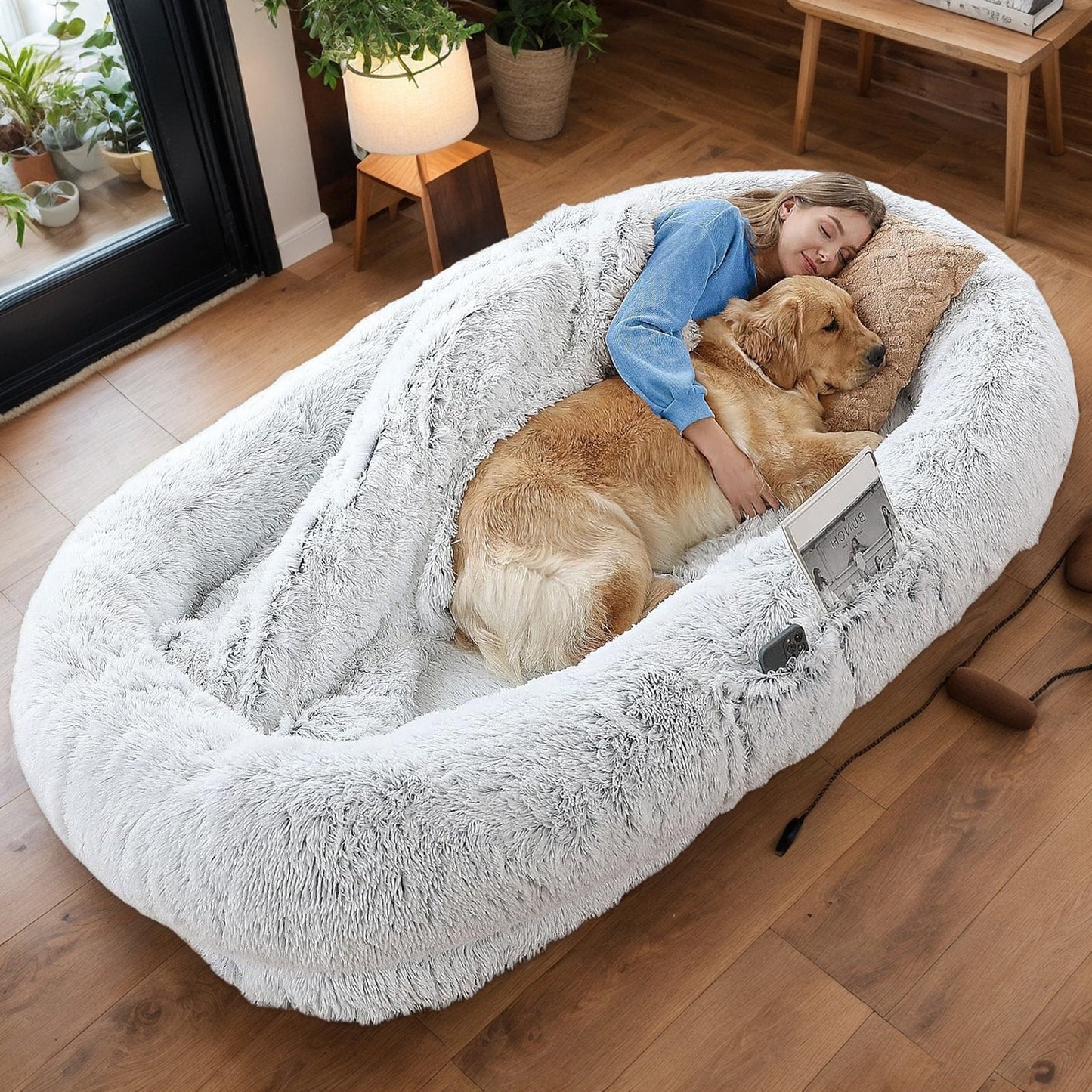 Human Dog Bed with Washable Faux Fur and Orthopedic Support HouseOfZazla plush white bed on Tampa Home & Garden Store
