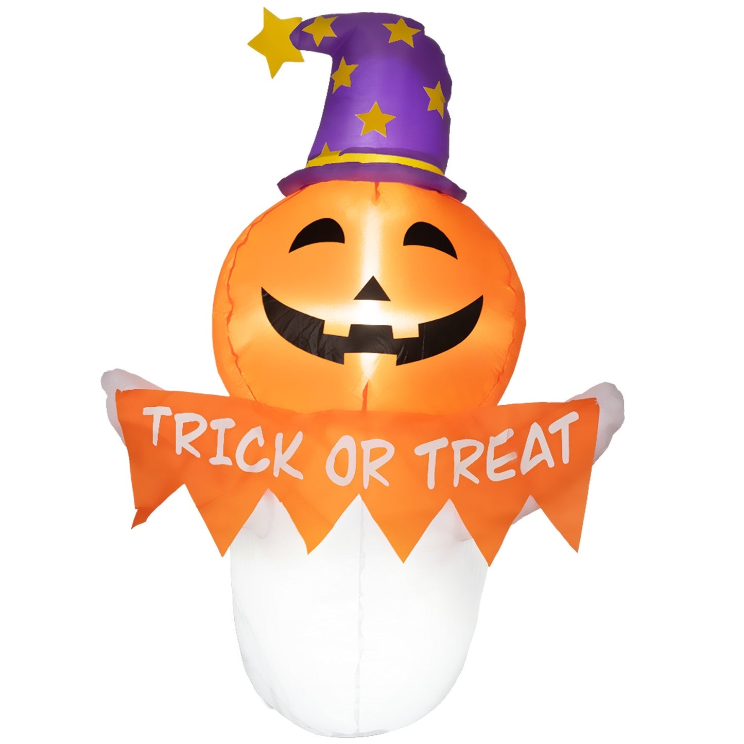 Inflatable Halloween pumpkin with purple starry witch hat and Trick or Treat banner on Tampa Home & Garden Store