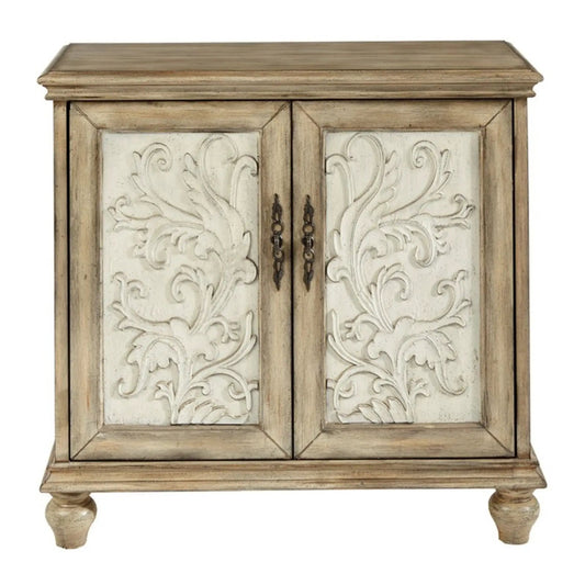 Driscoll 2-door accent cabinet with floral relief panels in reclaimed natural wood on Tampa Home & Garden Store