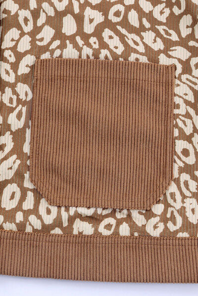 Leopard print drop-shoulder jacket fabric close-up with brown ribbed pocket and hem Stevvex on Tampa Home & Garden Store