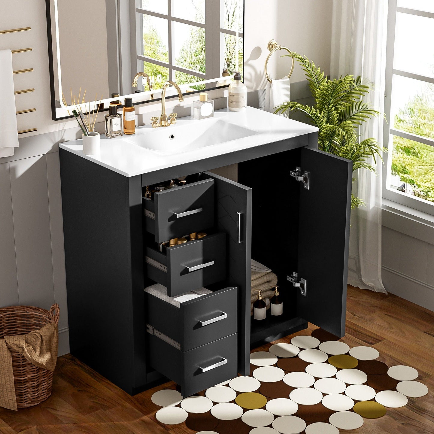 Bathroom vanity with sink, black freestanding cabinet with 3 drawers and soft-close doors on Tampa Home & Garden Store