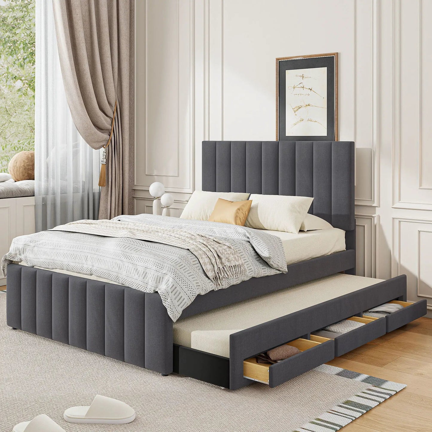 Upholstered Bed with Twin Trundle and 3 Drawers