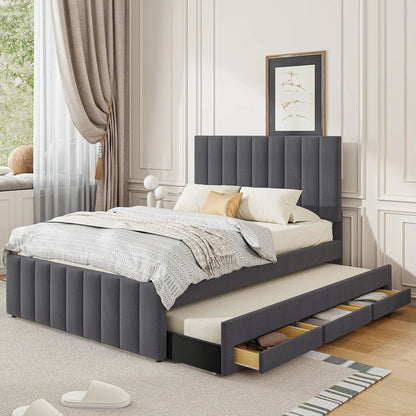 Upholstered Bed with Twin Trundle and 3 Drawers