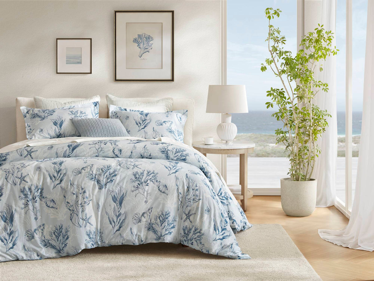 King 100% cotton sateen duvet cover set Navy/Blue blue botanical sea life print on Tampa Home & Garden Store