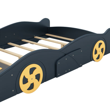 Race car shaped platform bed with wheels in dark blue and light wood slats on Tampa Home & Garden Store