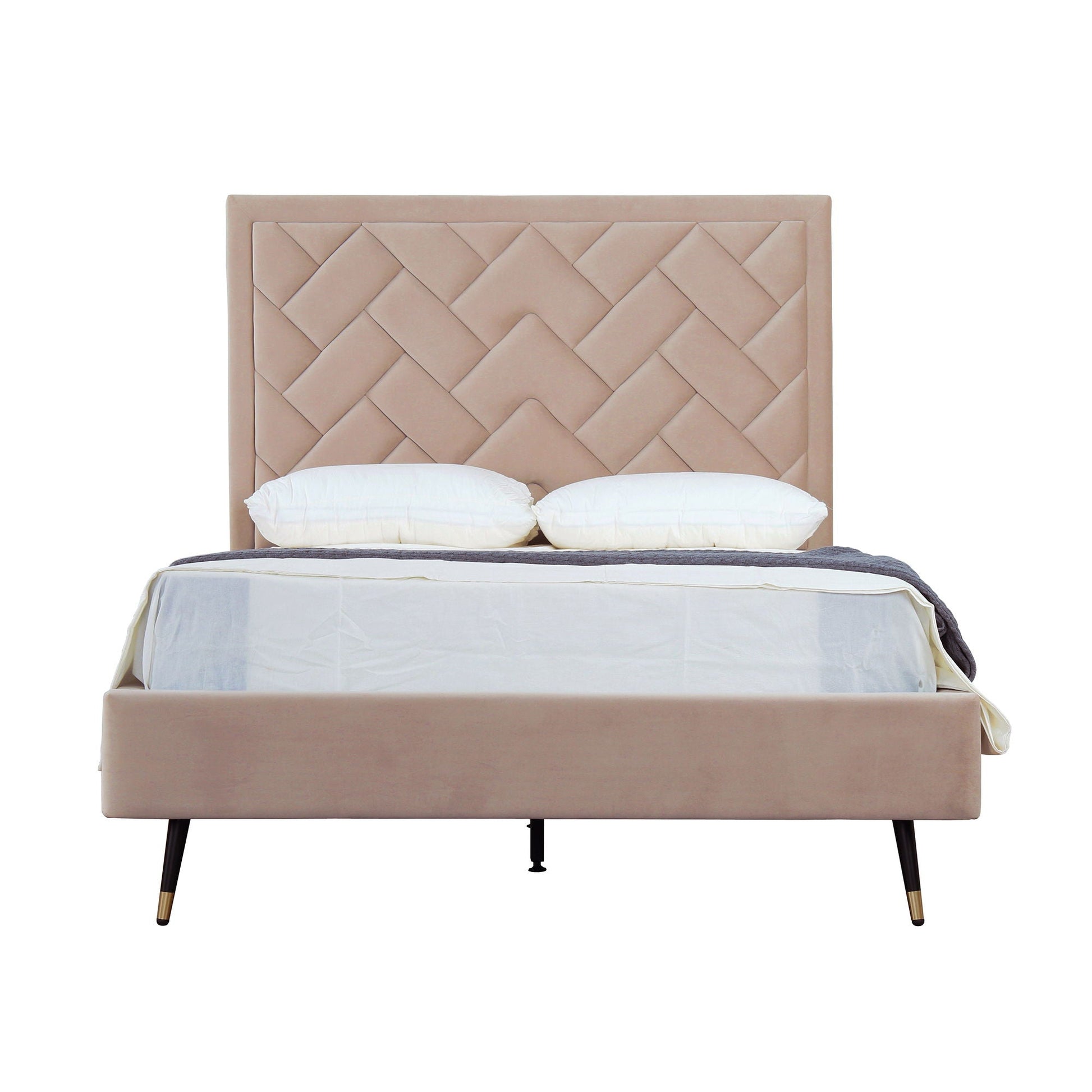 Crosby upholstered bed with beige tufted headboard, slats, and black tapered legs on Tampa Home & Garden Store