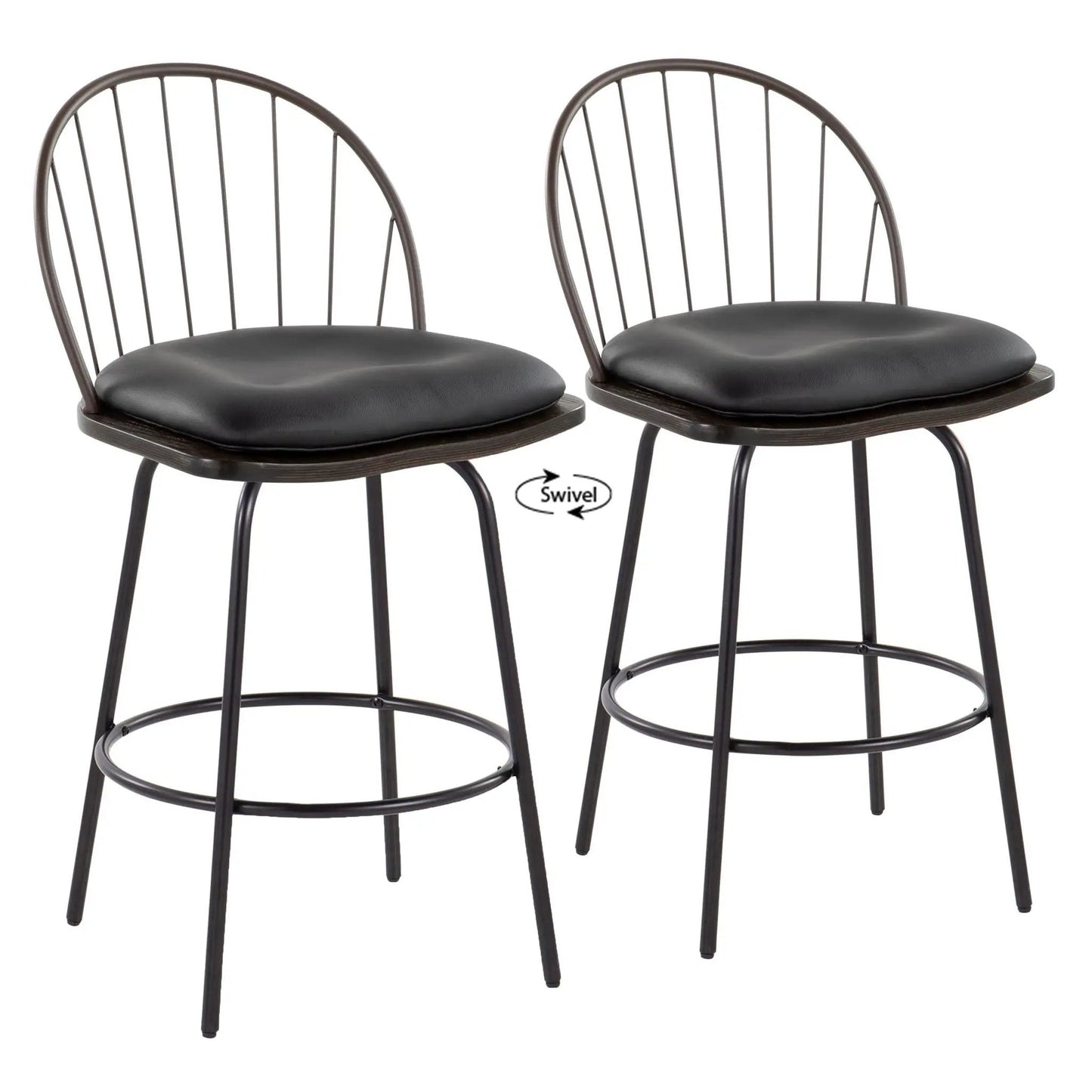 Riley Claire farmhouse counter stool set of 2 with swivel, round footrest, black cushioned seat on Tampa Home & Garden Store