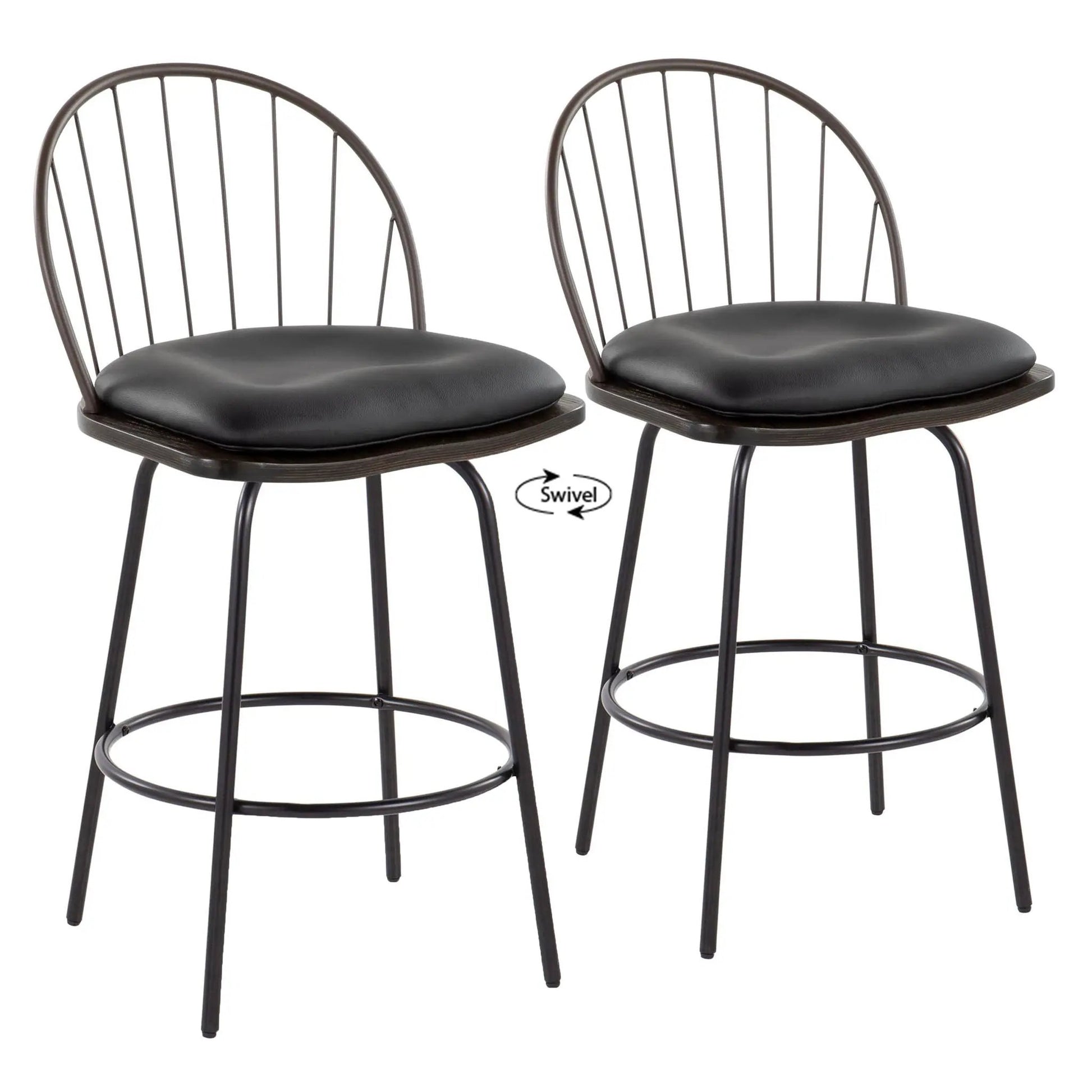 Riley Claire farmhouse counter stool set of 2 with swivel, round footrest, black cushioned seat on Tampa Home & Garden Store