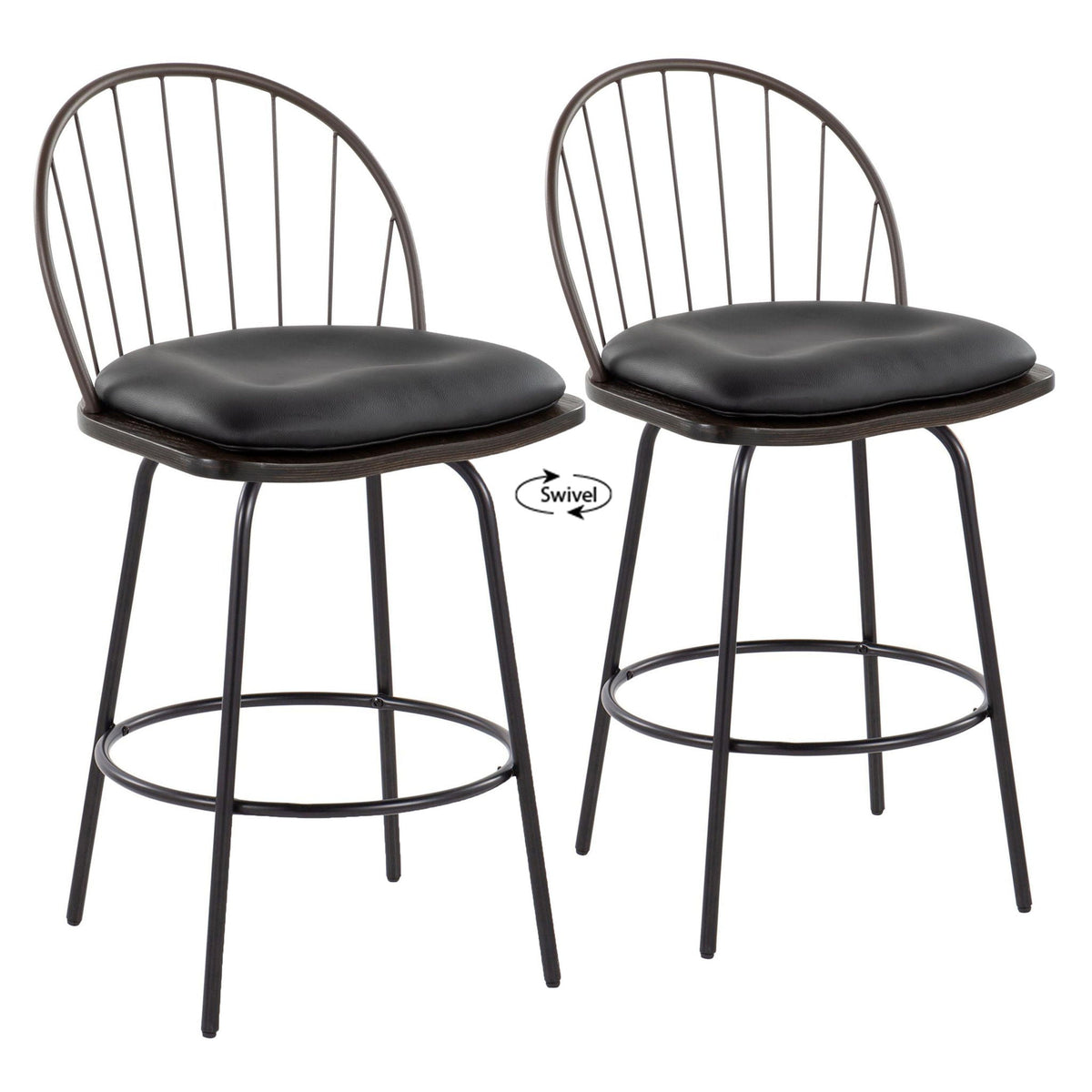 Farmhouse Counter Stool Set with Swivel and Round Footrest, black cushioned seats, 2 stools on Tampa Home & Garden Store
