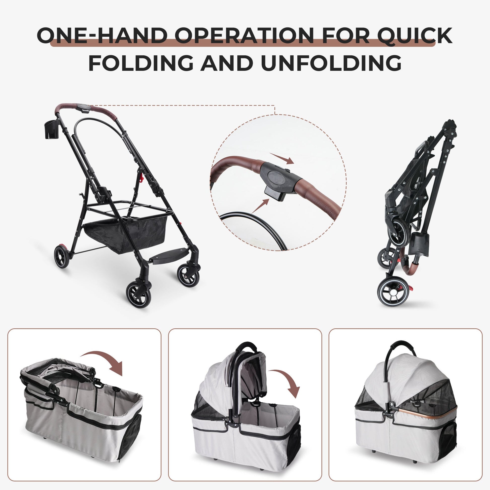 4-Wheel Foldable Pet Stroller for Dogs and Cats, black frame with brown handle, storage by HouseOfZazla on Tampa Home & Garden Store