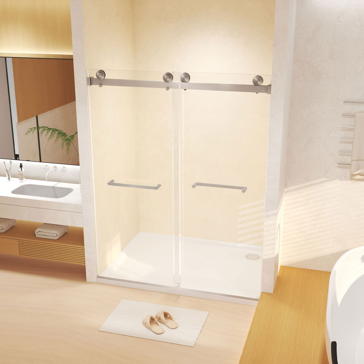 Frameless double sliding shower door with tempered glass by HouseOfZazla, nickel hardware on Tampa Home & Garden Store