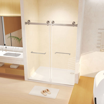Frameless double sliding shower door with tempered glass by HouseOfZazla, nickel hardware on Tampa Home & Garden Store