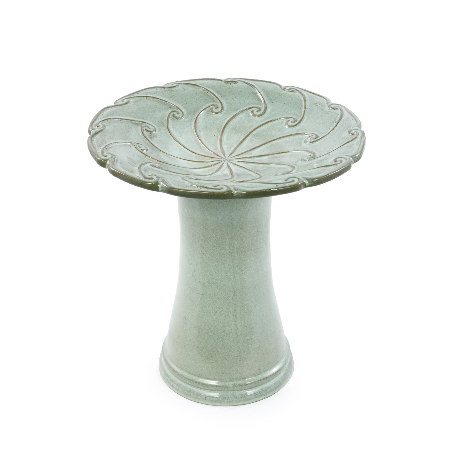 Handmade glazed ceramic bird bath top plate with swirl motif in sage green HouseOfZazla on Tampa Home & Garden Store