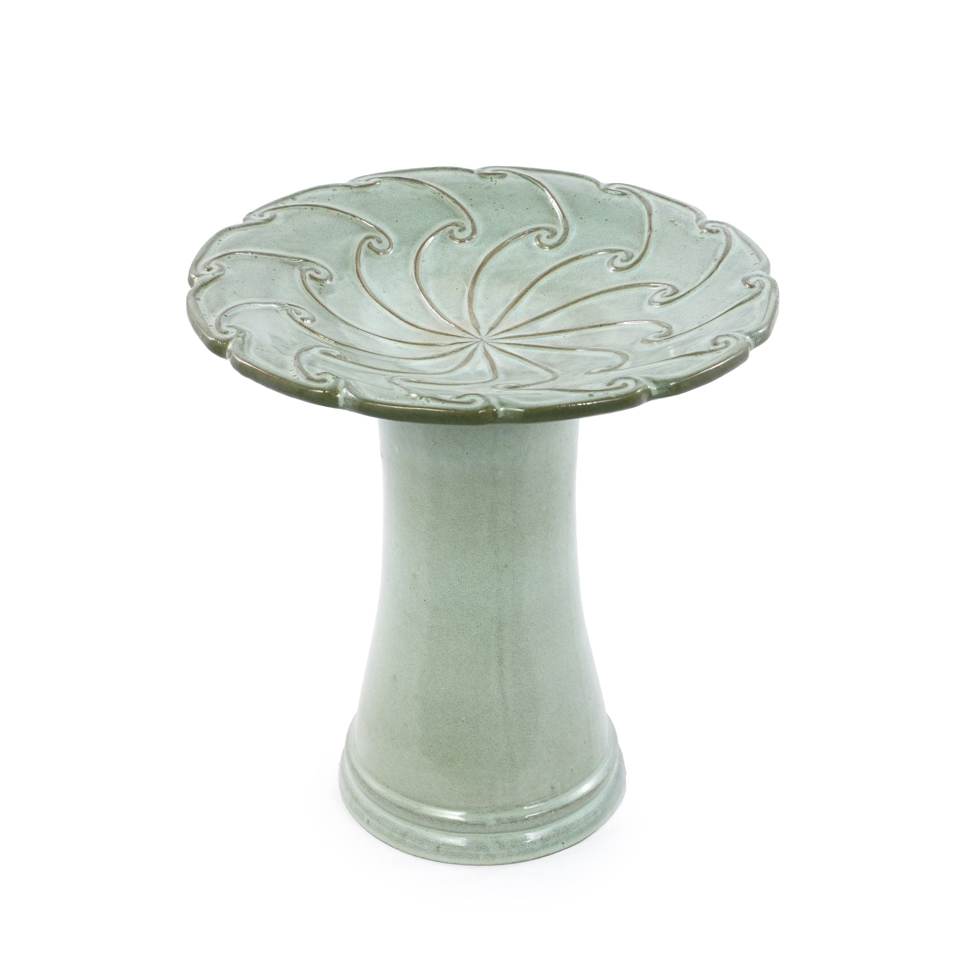 Handmade glazed ceramic bird bath top plate with swirl motif in sage green HouseOfZazla on Tampa Home & Garden Store