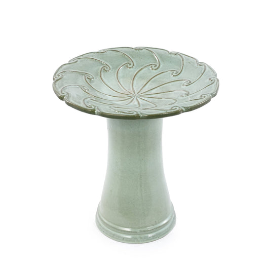 Handmade glazed ceramic bird bath top plate with swirl motif in sage green HouseOfZazla on Tampa Home & Garden Store