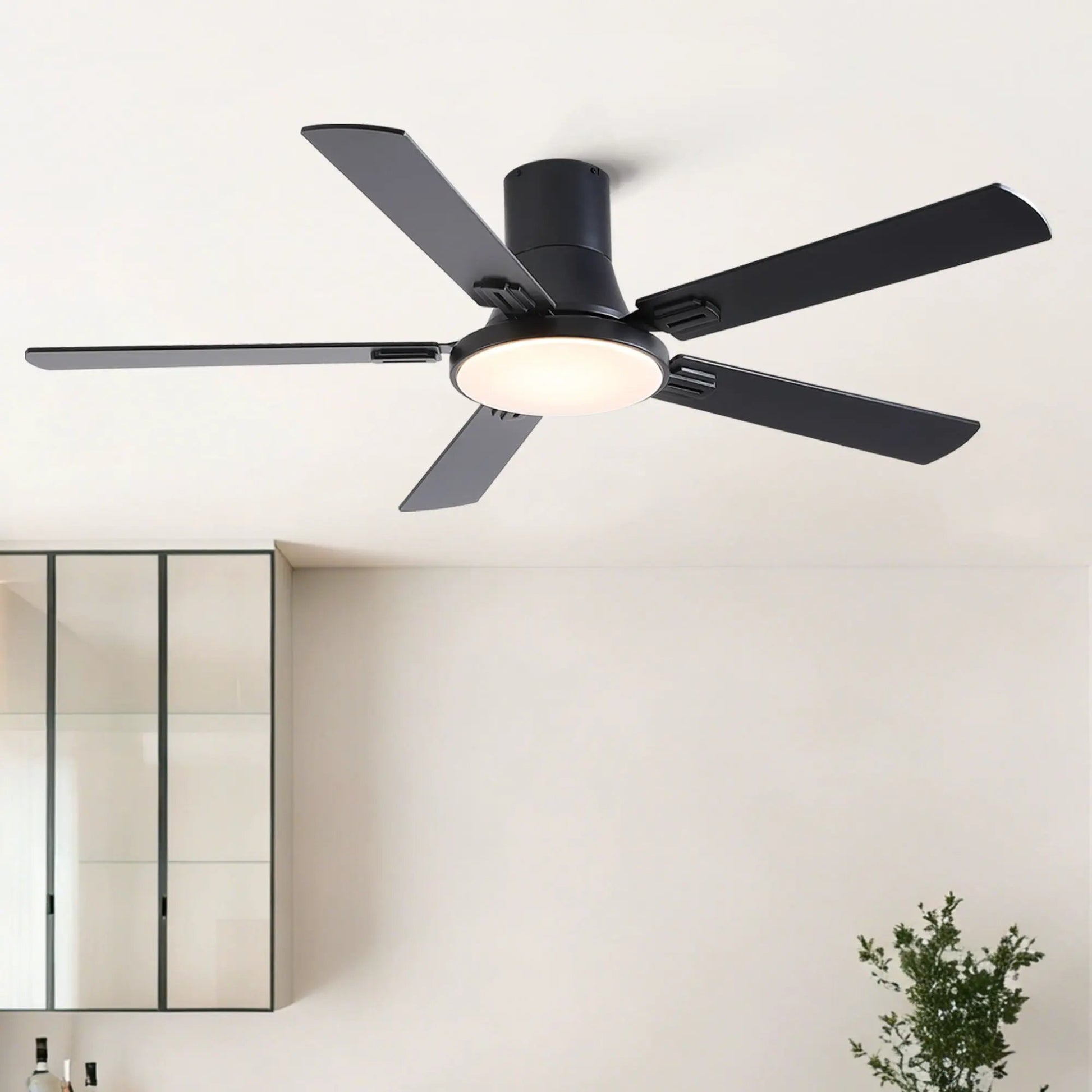 Flush mount ceiling fan by Unique Piece Furniture with LED light, black finish, 5 blades, remote on Tampa Home & Garden Store