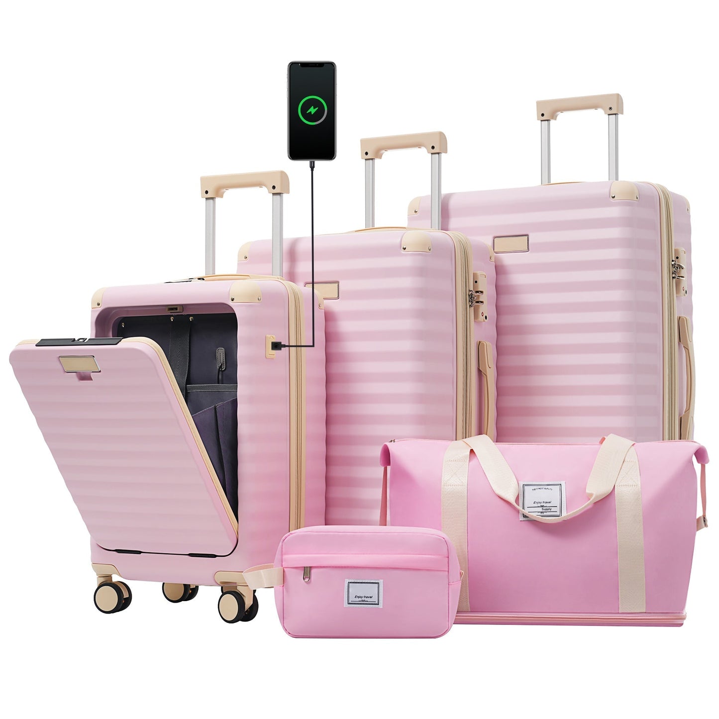 Deluxe 5-Piece hard-side luggage set in pink with beige trim, USB and TSA locks by HouseOfZazla on Tampa Home & Garden Store