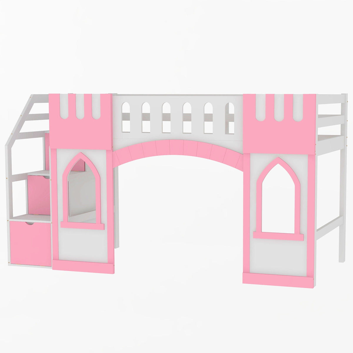 Loft bed with storage staircase and windows in pink and white, by HouseOfZazla on Tampa Home & Garden Store