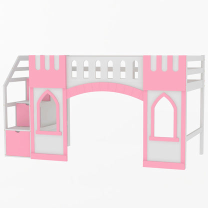 Loft bed with storage staircase and windows in pink and white, by HouseOfZazla on Tampa Home & Garden Store