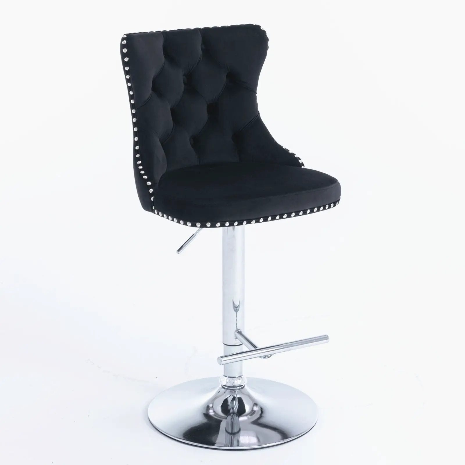 Set of 2 black tufted swivel barstools with nailhead trim and chrome pedestal bases on Tampa Home & Garden Store