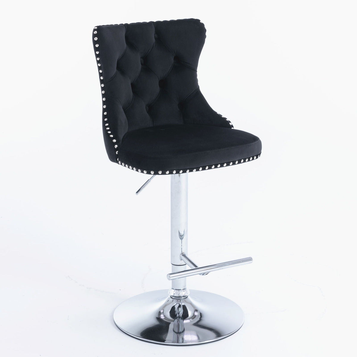 Swivel adjustable-height barstool set, black tufted velvet with chrome base and nailhead trim by HouseOfZazla on Tampa Home & Garden Store