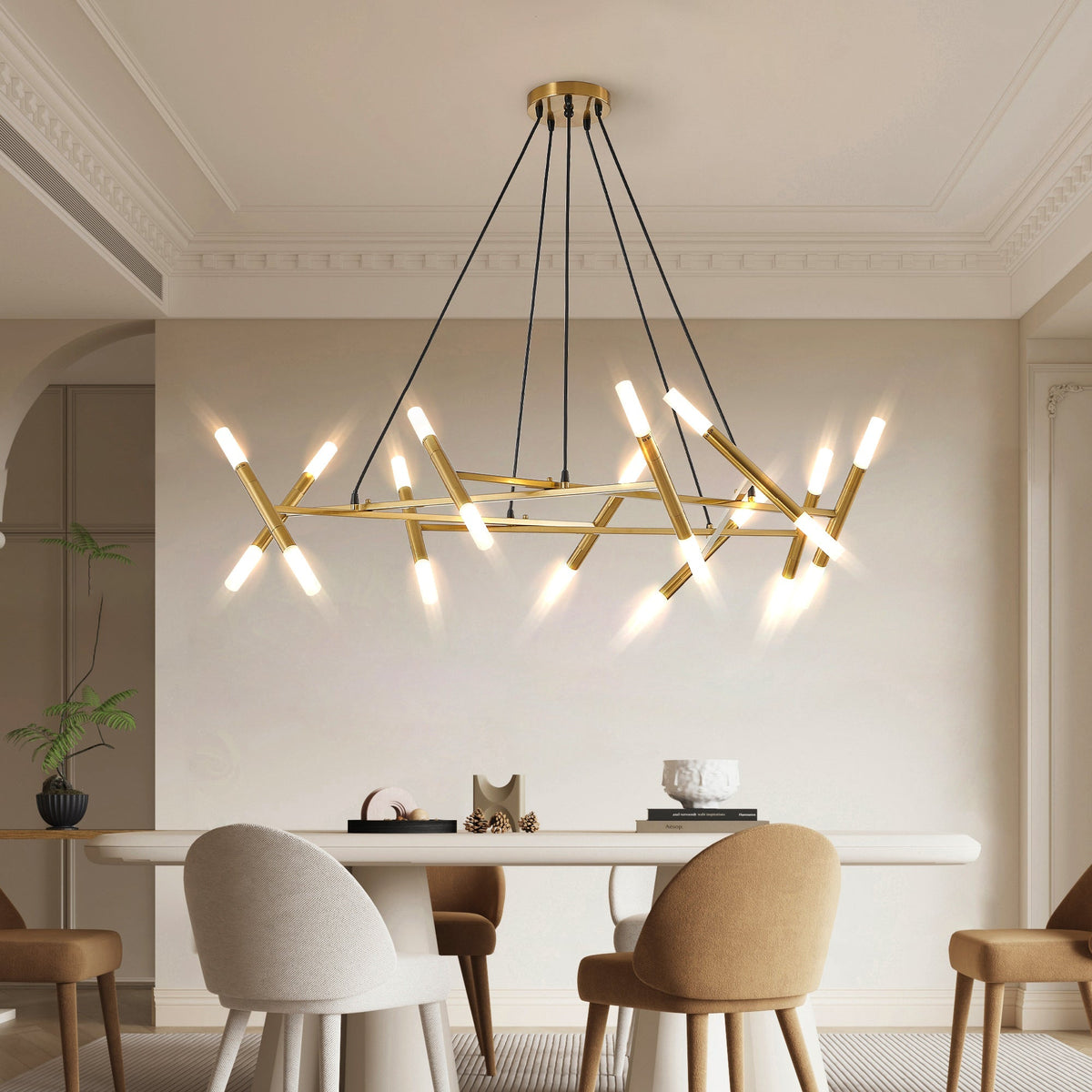 41' Golden Modern Chandelier with Branch Design by HouseOfZazla, metal arms, black cords on Tampa Home & Garden Store