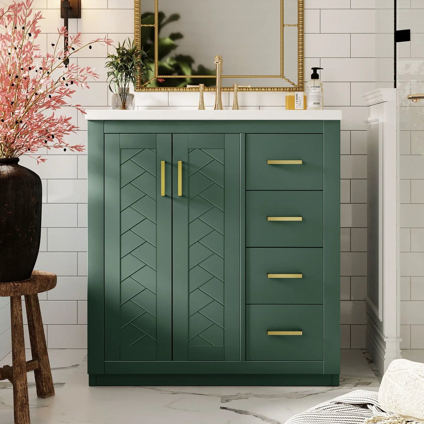 Bathroom vanity with sink in green cabinet, 3 drawers and soft-close doors, gold hardware on Tampa Home & Garden Store