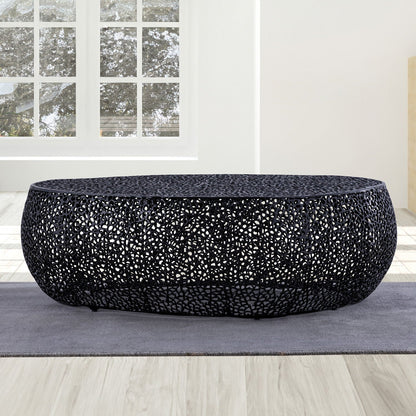 Oval black aluminum-frame coffee table with a dense openwork lattice design on Tampa Home & Garden Store