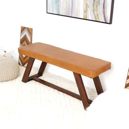 Light Brown Upholstered Bench with Hand Stitching by HouseOfZazla, wooden angled legs on Tampa Home & Garden Store