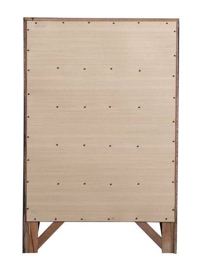 Accent Chest back view in natural wood with dark trim, exposed screws, on angled wooden legs on Tampa Home & Garden Store