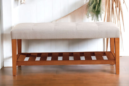 Charla Upholstered Bench in light beige fabric with tufted seat and natural wood legs on Tampa Home & Garden Store