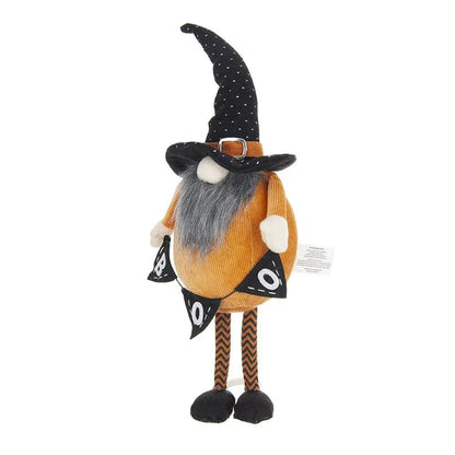 Standing gnome figurine in orange fabric, black dotted hat, gray beard, holding Boo banners on Tampa Home & Garden Store