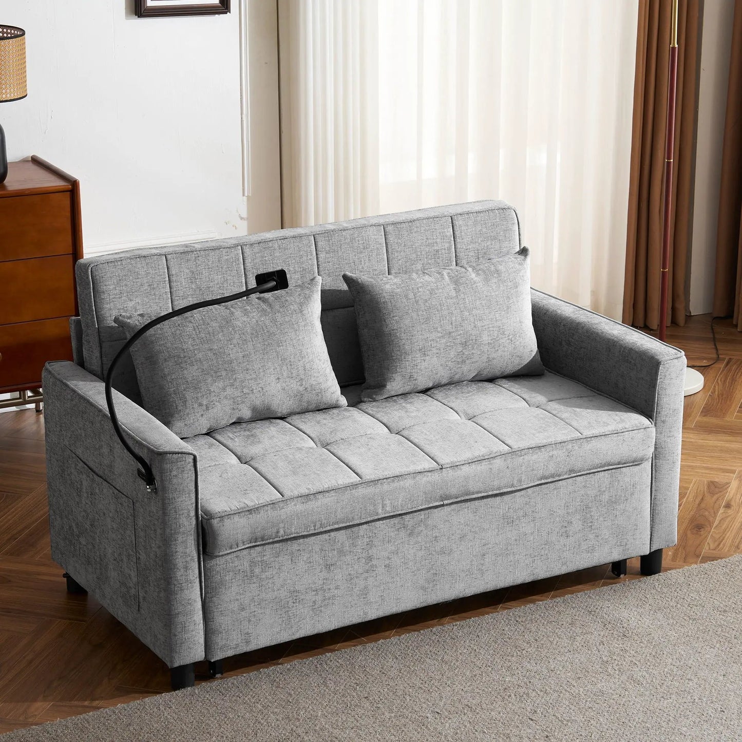 Pull-out sleeper sofa gray fabric with reversible backrest cushion and side pockets on Tampa Home & Garden Store