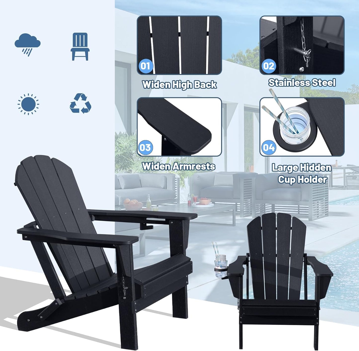 Folding Black Hdpe Adirondack Chair And Cup