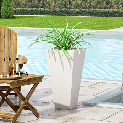 Outdoor Modern Cast Stone Planter in white with angular silhouette and lush green plant on Tampa Home & Garden Store